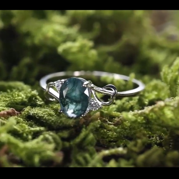 925 silver contemporary ring with inlaid moss agate stone - Picture 2 of 5